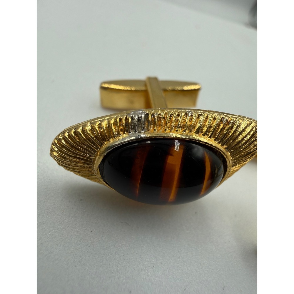 Vintage USA Gold Tone Faux Tigers Eye Striped Cabochon Cufflinks Retro Mens - Picture 5 of 5
